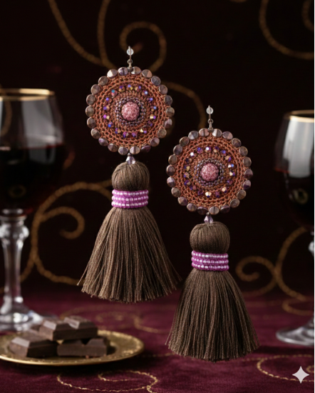 Háčkované  dizajnové náušnice "Čokoládové víno"